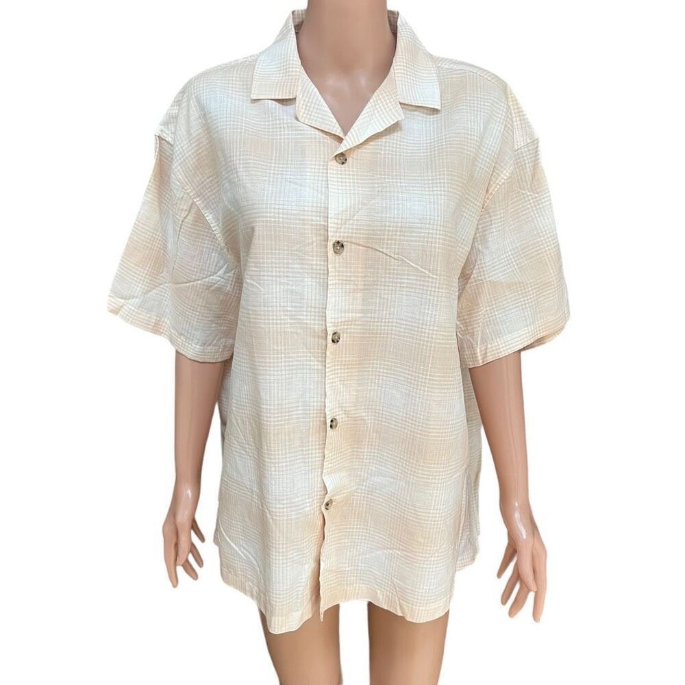 ASOS DESIGN men’s boxy oversized revere linen shirt in beige check size XS NWOT